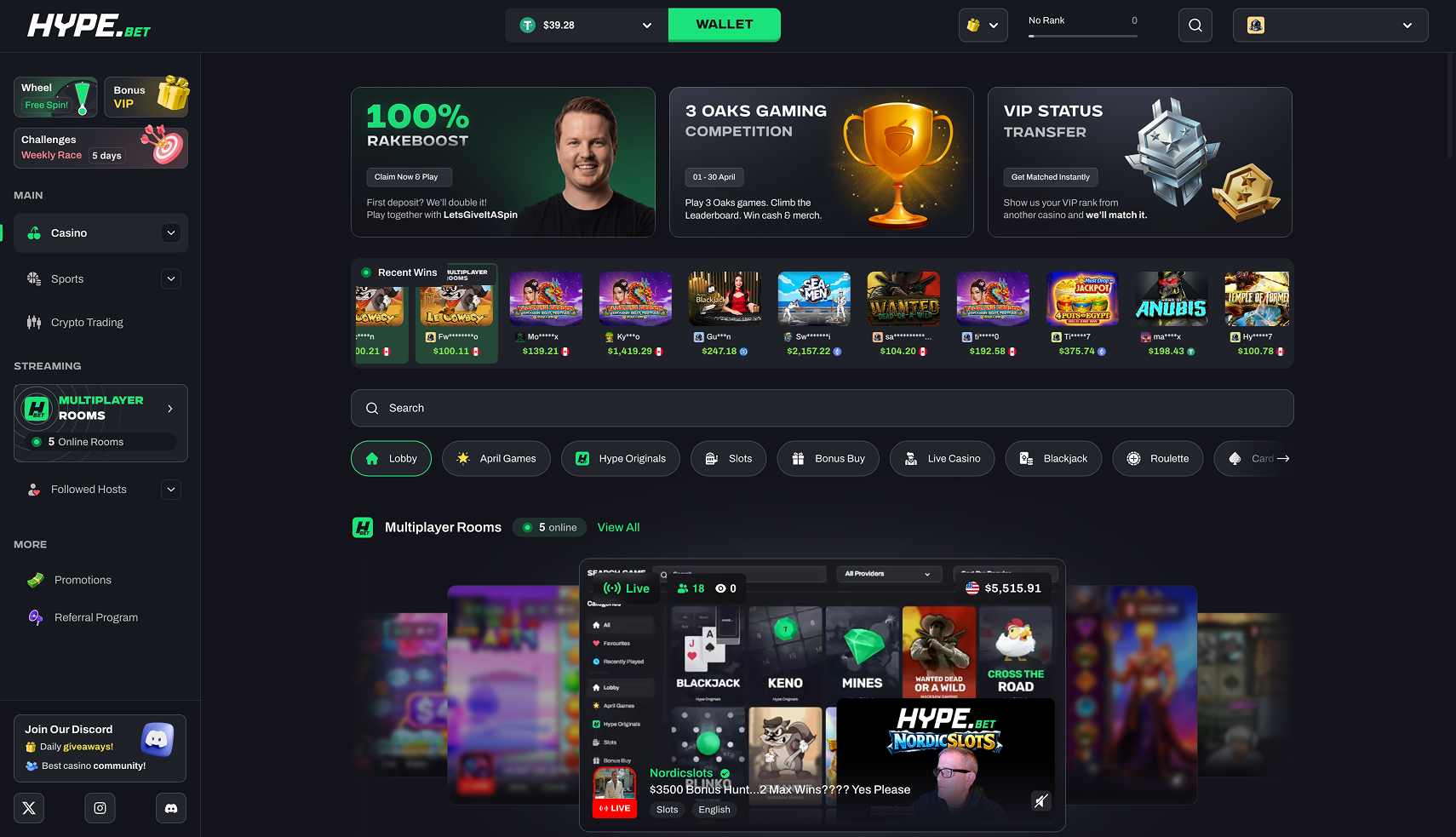 Hype.Bet casino homepage showing multiplayer rooms feature